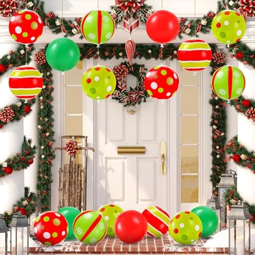 24 Pcs 7.5 Inch Christmas Inflatable Ball 6 Style Outdoor Hanging Ornament Blow Up Xmas Inflatable Ornament PVC Christmas Decoration Ball for Yard Lawn Porch Garden Front Door Holiday Decor(Red&Green)