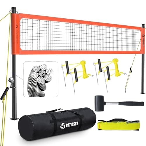 Patiassy Professional Outdoor Volleyball Net System with Adjustable Aluminum Poles, Anti-Sag Winch, Steel Cable Topline, Tournament-Grade 32FT Net, Boundary Line & Heavy-Duty Carry Bag, Orange