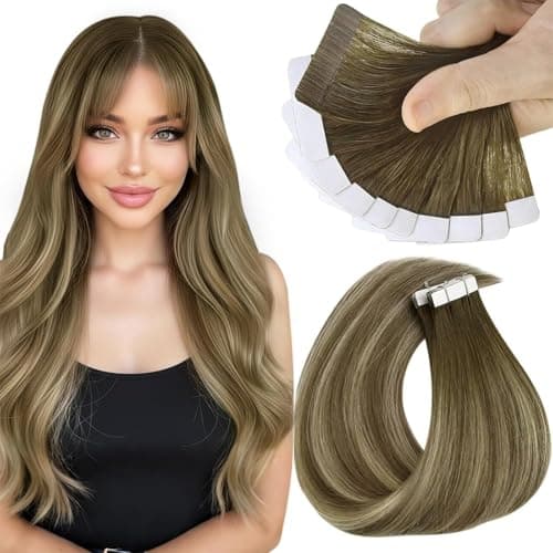 Sunny Hair Tape in Hair Extensions Real Human Hair Invisible Remy Hair Extensions Tape ins for Women Cool Brown Ombre Light Brown Balayage Medium Blonde 20 inch 25G