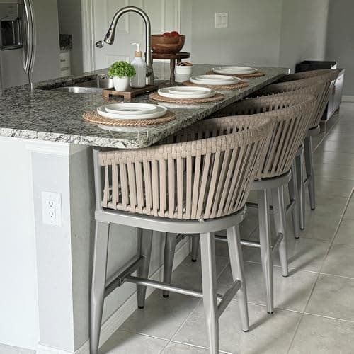 PURPLE LEAF Outdoor Bar Height Stools Set of 4 Patio Metal Modern Wicker Bar Chairs Woven Aluminum Barstools with Back and Cushions for Balcony Garden Indoor Kitchen Poolside Light Gray