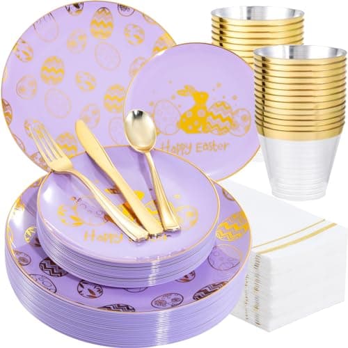 Festiva 175Pcs Easter Plates and Napkins Disposable - Purple and Gold Plastic Dinnerware Set for 50 guests include 50 Plates 25Cups 25Plastic Silverware 25Napkins Perfect for Easter Party