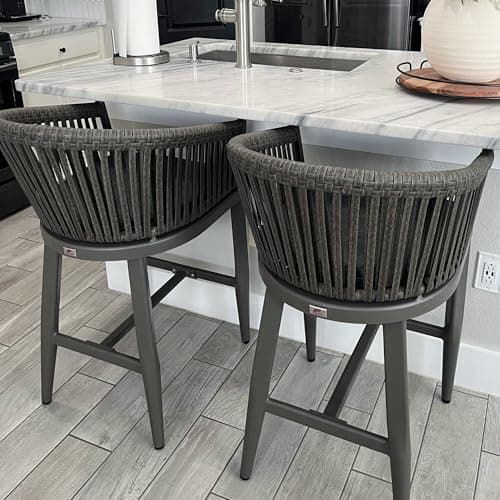 PURPLE LEAF Outdoor Counter Height Bar Stools Set of 2 Patio Metal Modern Wicker Bar Chairs Woven Aluminum Barstools with Back and Cushions for Balcony Garden Indoor Kitchen Poolside Slate Gray
