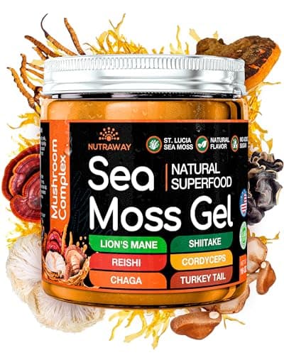 NUTRAWAY LABS Mushroom Sea Moss Gel - Wildcrafted Irish Moss with Lion’s Mane, Reishi, Chaga & Cordyceps for Mineral Balance, Immune & Adaptogenic Support - Vegan Superfood, No Sugar, 16oz