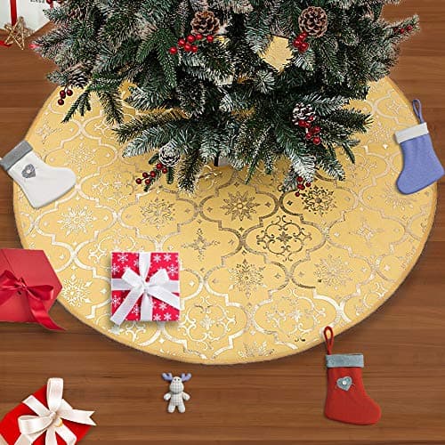 Eternal Beauty 48in Yellow Christmas Tree Skirt with Christmas Stocking, Tree Skirt for Xmas Slim Trees Decorations