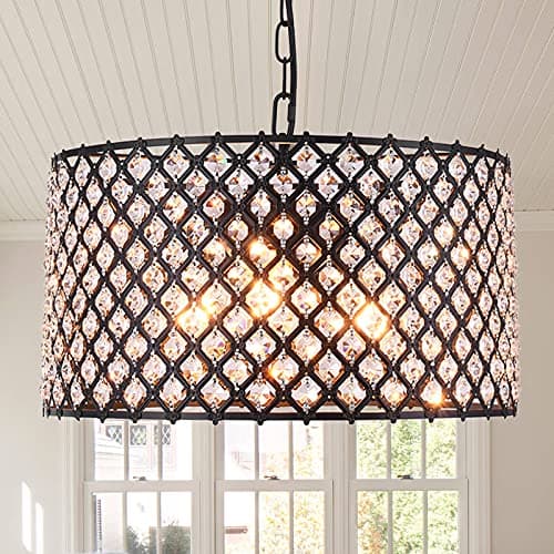Lingkai 15.8“ Modern Crystal Chandelier Pendant Light Fixture 3-Light Hanging Pendant Ceiling Lamp Caged Metal Drum Shade Black Finish