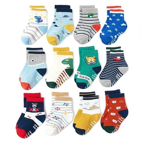 AIQIBAO 12 Pairs Anti Slip Socks With Grips, Funny Children Socks For 1-7 Years Old (S, Boys)