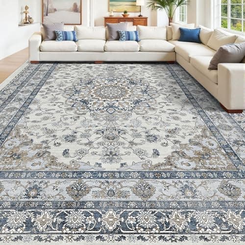 Large 9x12 Area Rug for Living Room - Blue Washable Vintage Soft Low Pile & Non Slip Rug for Bedroom, Dining Room Under Table - Non Shedding & Stain Resistant Carpet, Oriental Soft Accent Mat