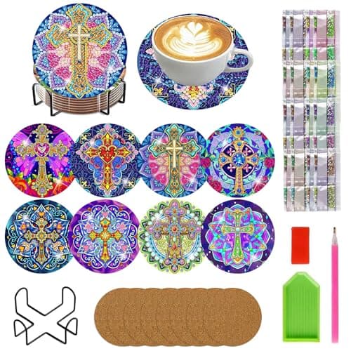 Lophomie 8 Pcs Diamond Art Coasters Kits for Adults with Holder Cork Pads, Diamond Painting Coasters Kit, Diamond Dots Coaster Kit Art Crafts DIY Non-Slip 4x4in (Mandala Cross)