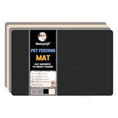 MateeyLife Dog & Cat Food Mat for Floors Waterproof, Nonslip Bowl Mats for Food and Water, Dog Feeding Mats with Raised Edges, Silicone Dog Water Matt Tray for Messy Drinkers, 18"x12", Black