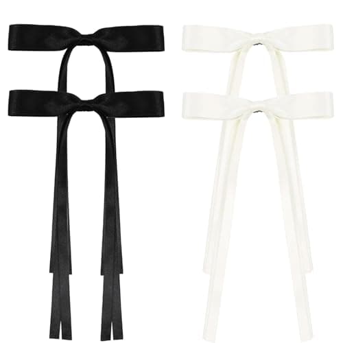 JIALITFUN Hair Clip, 4Pcs Fabric Bowknot with Long Tail Hair Accessories for Women Girls Toddlers Teens Kids (Black+Beige)
