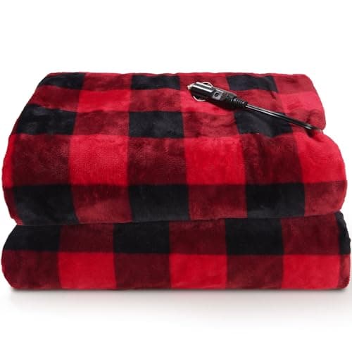 RAINOVA 12V Car Heated Blanket, 59"x 43" Electric Travel Throw with 84.65" Extended Cord, Birthday, Dual-Sided Flannel & Lambswool, Overheat Protection & EMC Certified