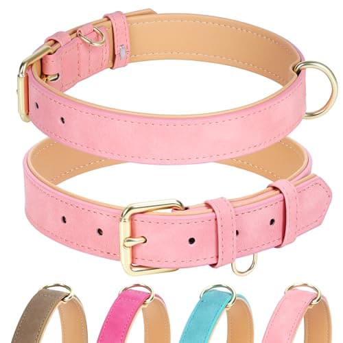 Jumpress Leather Dog Collar for Large Dogs, Soft Padded Dog Leather Collar with Heavy Duty Gold Buckle, Durable & Comfortable, Pink, L