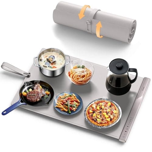 Food Warming Mat with Dual Heating Zones, 4 Temp Settings, Silicone Easy-Clean, Auto Shut-Off, Timer, Child Lock, Portable for Buffet, Party & Travel, 350W, 120V(AC), (White)