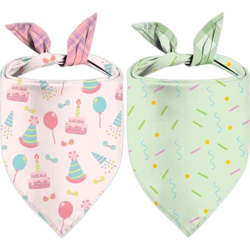 Birthday Dog Bandanas, Double Side All 4 Patterns Reversible Large Pet Bandanas 2 Pack, Celebration Set, Plaid Adjustable Triangle Holiday Pink Green Scarves for Dogs Girl Boy Pets