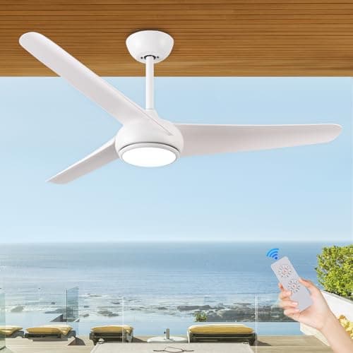 KINDLOV 52 inch Ceiling Fans with Lights and Remote,Outdoor Ceiling Fan with Light,6 Speeds,3CCT,Reversible White Ceiling Fan for Bedroom Patio Living Room,Indoor/Outdoor Use