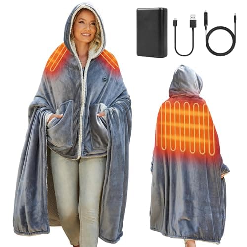 12V Heated Blankets Battery Operated,Cordless Heating Blanket Wearable Shawl,Portable Electric Wrap Poncho Blanket Hoodie,15000mah Sherpa Heated Throw Blanket 3 Heat sets for Car,Indoor,Camping,Picnic