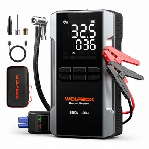 WOLFBOX 3000A Jump Starter with Air Compressor, 59.2Wh&160PSI Portable Car Battery Jump Starter with 65W Fast Charge, 12V Battery Pack (8L Gas 6L Diesel Engine) with Boost, Light and Jumper Cables