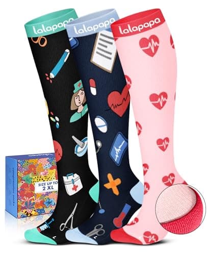Lalapapa Cute Compression Socks for Women - 3 Pairs 20-30 mmHg Lightweight Graduated Knee High Compression Socks for Women for Daily Wear Travel Nurse, Nursing Design, L/XL