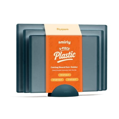 SMIRLY Plastic Cutting Board Set with Holder 3 Pieces, Non-Slip Dishwasher Safe Chopping Boards for Kitchen, Blue