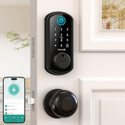 WiFi Smart Door Lock Set: Hornbill Keyless Entry Door Lock Deadbolt with Handle Set Fingerprint Front Door Lock with 2 Knobs Alexa Bluetooth Remote Code Auto Lock for Home Hotel Security Black
