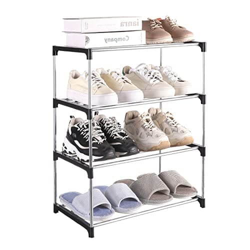 Fouews Small Shoe Rack, Narrow Stackable Shoe Shelf Organizer for Entryway, Doorway and Bedroom Closet (4-Tier, Black)