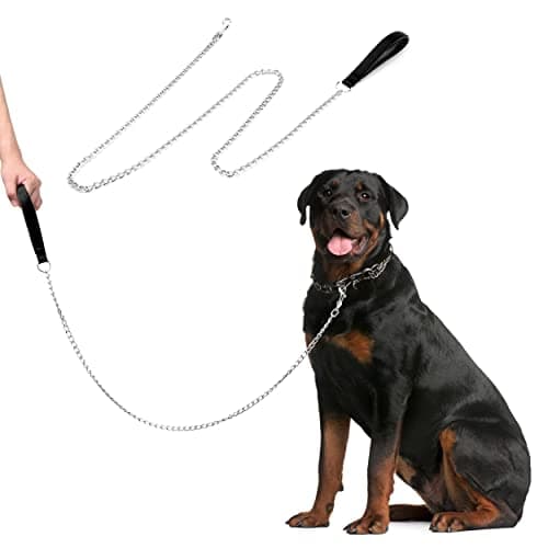 Jumpress Heavy Duty Chain Leash for Medium Large Dogs, Chew Proof Metal Lead With Soft Padded Handle, Classic Black 4FT