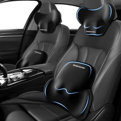 GEEYONTEK Car Lumbar Support Pillow and Neck Pillow kit for Back & Neck Pain Relief Ergonomic Memory Foam Car Seat Headrest & Lumbar Cushion with Adjustable Strap for Driving Seat/Office Chair Black