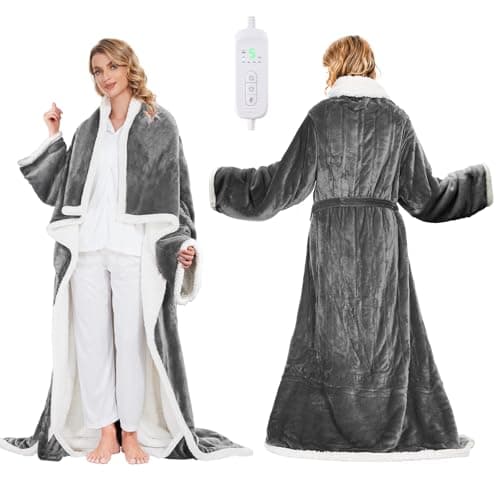 Electric Heated Blanket - Wearable Heated Blanket Throw with Foot Pockets, Sleeves Flannel & Sherpa Wearable Blanket 8 Heating Levels & Timer Snuggle Blankets for Home Office -50*60" Robes for Women