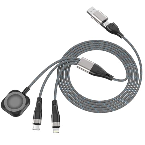 3 in 2 Multi Charging Cable for Apple Watch, iPhone & Galaxy - USB C/Lightning/Micro Fast Charger, Compatible with iWatch Ultra/SE/10-1 & iPhone 16-12/S24 (4FT Nylon Braided)