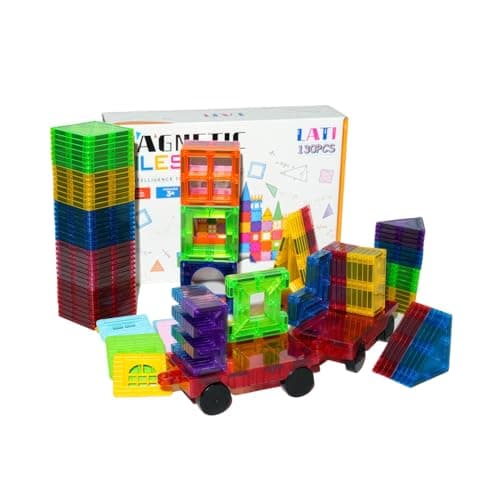 LATI 130 pcs Magnetic Tiles, Magnet Building Blocks for Kids STEM Construction Set Clear Imagination Inspirational Educational Toddler Boys Girls Kids Toys for 3 4 5 6 7 8 Years with 2 Cars