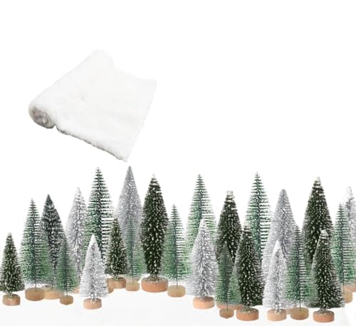 Christmas Decor Bottle Brush Trees Set- 24PCS Assorted Artificial Mini Snow Pine Trees with Wood Base for Village Miniature Craft Decorations for Home Indoor Party (Include Small Snow Blanket)