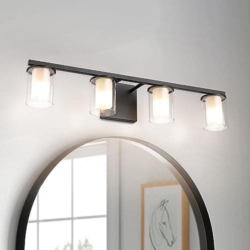 4-Light Bathroom Vanity Light Fixtures,Farmhouse Sconces Wall Mount Lighting Fixtures in Bathroom with Glass Shades, Modern Vintage Bath Wall Lights for MirrorBlack Finshing 25.79 inch, (G9 Socket)