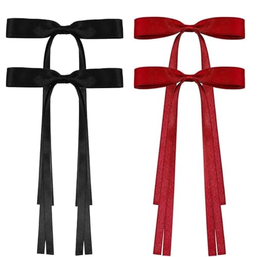JIALITFUN Hair Bow Clip, 4Pcs Fabric Bowknot Hair Accessories with Long Tail for Women Girls Toddlers Teens Kids (Black+Red)