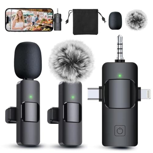 PQRQP 3 in 1 Professional Wireless Lavalier Microphone for iPhone, Android, Camera, Wireless Microphones, Mini Microphone, Crystal Clear Sound Quality for Recording, Live Streaming, Microphone Clips