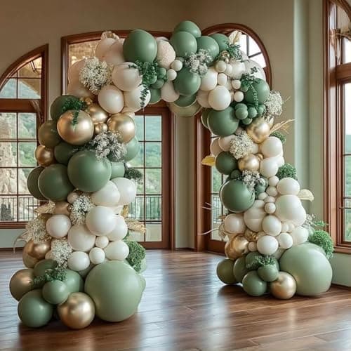 Sage Green Balloon Garland Arch Kit, 155Pcs Green White Sand Gold Latex Balloons for Birthday Jungle Safari Party Decor