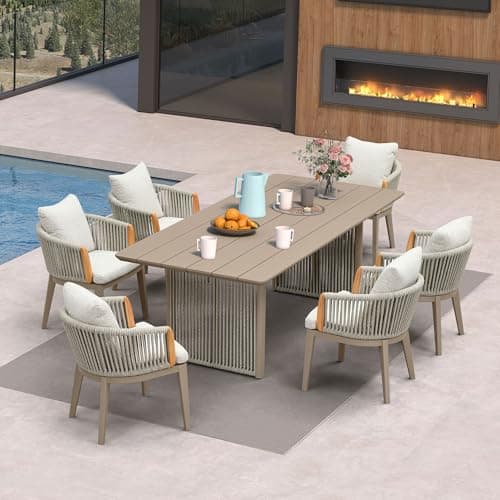 PURPLE LEAF 7 Pieces Outdoor Dining Set for 6, Aluminum Outdoor Patio Table and Chairs Set with Olefin Cushions, All-Weather Patio Dining Set for Garden or Deck, Beige