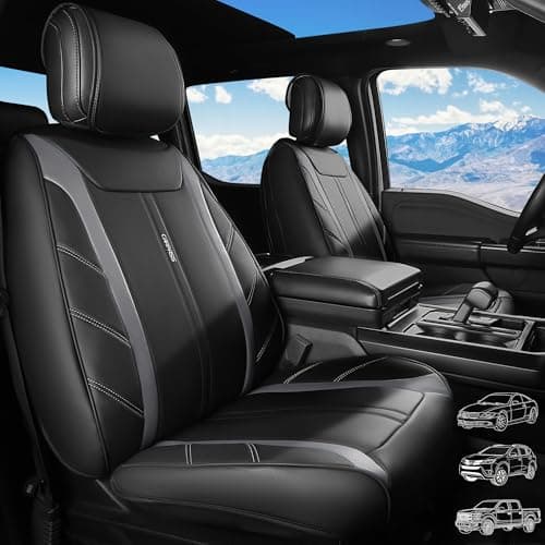 CAR PASS Luxury Faux Leather Two Front Seat Covers, Breathable Sporty Premium Leather Front Seat Covers, Waterproof Anti Slip Auto Seat Covers Universal Fit for 95% Trucks Suvs Sedans Vans, Black Gray
