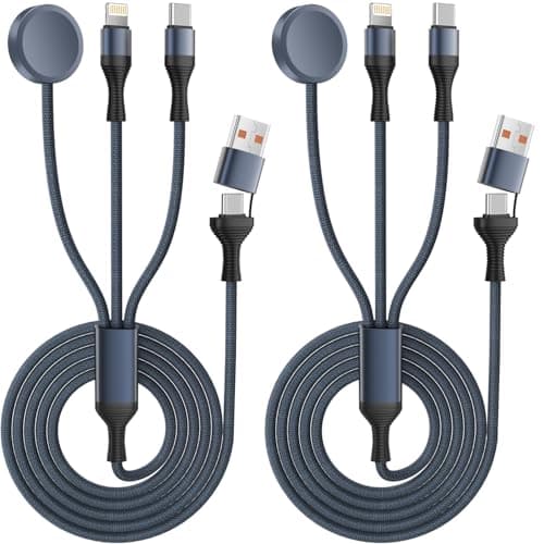Travel Essentials 3 in 2 USB A/C Cable for Apple Watch Charger/iPhone 17/Lightning, Multi Charging Cable for All Devices Designed for iWatch Ultra/SE/11-1 & iPhone 17-11,Gray iWatch Charger(2Pack 4FT)