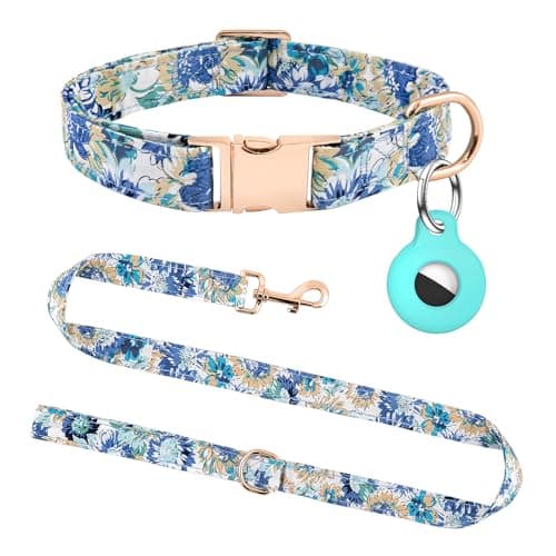 Dog Collar and Leash Set with AirTag Holder,Adjustable Dog Collars with Quick Release Metal Buckle,Flowers Patterns with Soft Padded for Small Medium Large Dogs