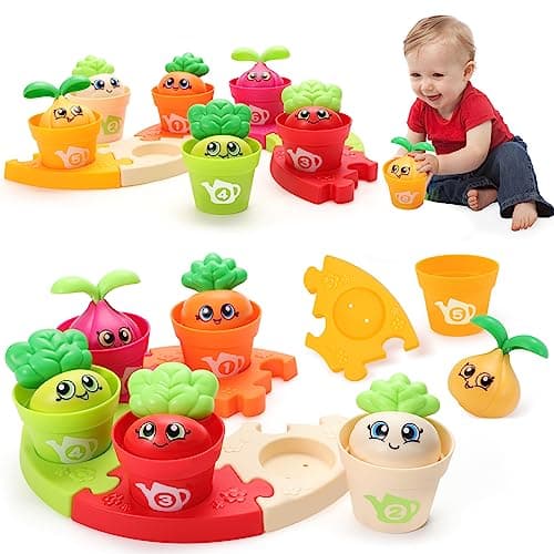 MOONTOY Baby Montessori Stacking Toys Learning Toys for 1 + Year Old 18pcs Plant Flower Pots & Puzzles Set, Color Sorting Toys for Toddlers 1-3, Birthday Gifts for 2 Year Old Girls Boys