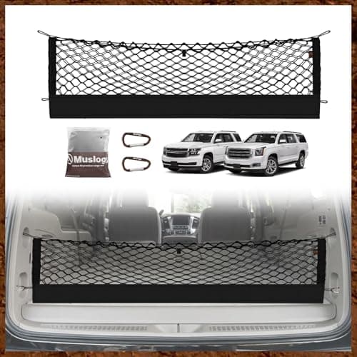 Muslogy Envelope Style Trunk Cargo Net Compatible with 2015-2020 Chevy Suburban, GMC Yukon XL Accessories Upgraded Mesh Storage Luggage Net with Metal Hooks