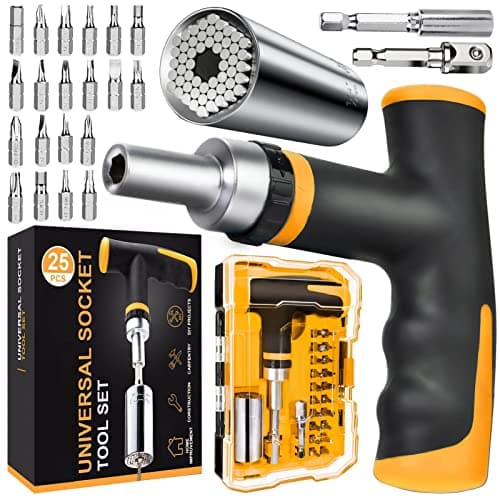 Gifts for Him, Universal Socket Tool Set, Multifunction Adapter to Unscrew Any Bolt, Christmas Stocking Stuffers for Men Adults, Cool Birthday Gadgets for Boyfriend Handyman, 25 PCS Yellow, Silver