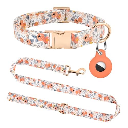 Dog Collar and Leash Set with AirTag Holder,Adjustable Dog Collars with Quick Release Metal Buckle,Flowers Patterns with Soft Padded for Small Medium Large Dogs