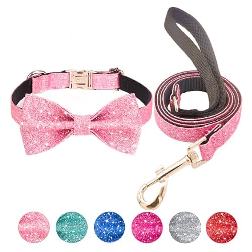 Jumpress Bling Bow Tie Dog Collar and Leash Set, Cute Pink Girl Dog Collar with 5ft Leash for Small Medium Dogs Daily Walking or Holiday Party (Neck fit 13-19’’)