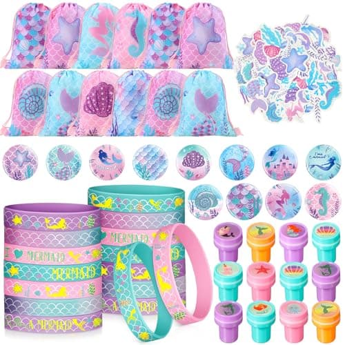 Sasylvia 98 Pcs Mermaid Party Favors Include Mermaid Drawstring Bags Silicone Bracelets Button Pins Stamps Stickers for Kids Summer Theme Birthday Party Supplies Decoration