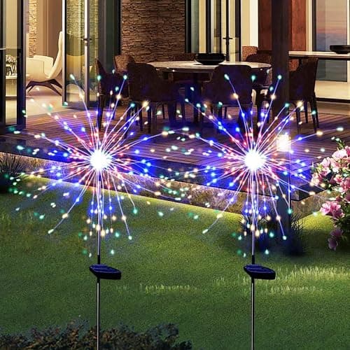 HFLYJPYW Solar Firework Lights 2Pcs Garden Lights Outdoor Waterproof, 120 LED with 8 Modes Twinkling and Steady-On, Festive daysStarburst Lights for Path, Patio, Yard (Colorful)