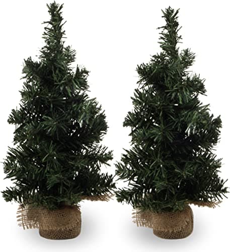 2Pack Mini Christmas Tree Table Top Decorations- Artificial Small Pine Trees with Burlap Base on Desktop, Shelves, Bedroom, Miniature Scenes Xmas for Home, Office, Party Decor