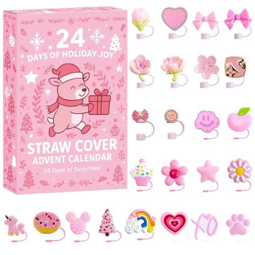 Advent Calendar 2025-24 Days of 10mm Silicone Straw Covers for 30oz & 40oz Tumblers, Cute Straw Toppers Christmas Countdown Gift