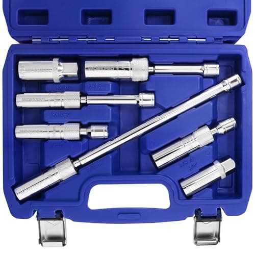 WORKPRO 7 PCS Magnetic Swivel Spark Plug Socket Set, Includes 9/16-inch, 5/8-inch, 13/16-inch, 14MM Thin Wall Sockets with 4, 6, 11-inch Extensions, 3/8" Drive with 12 Points, Magnetic Core
