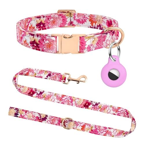 Dog Collar and Leash Set with AirTag Holder,Adjustable Dog Collars with Quick Release Metal Buckle,Flowers Patterns with Soft Padded for Small Medium Large Dogs